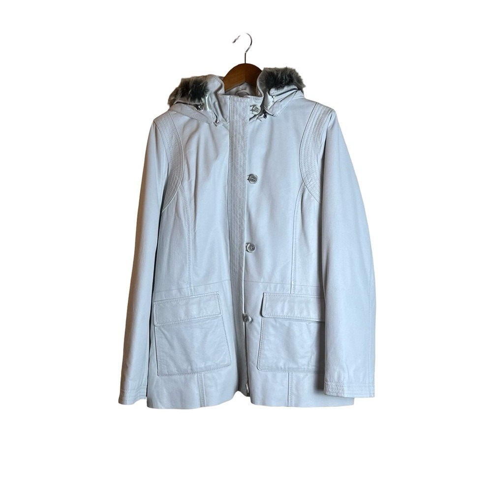 Danier Womens Genuine Leather Parka Hooded Faux Fur Trim White Jacket 50239 L